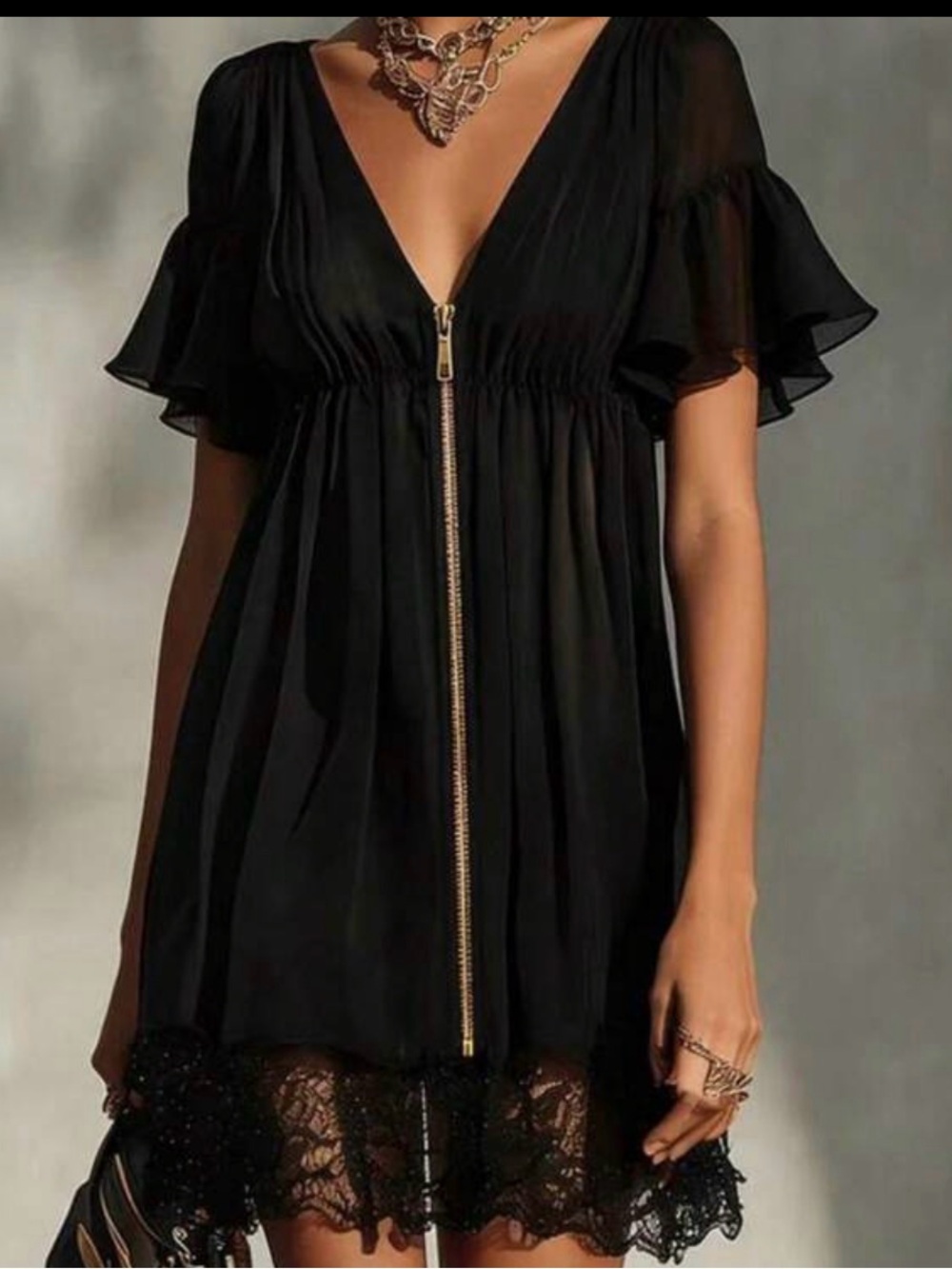Black V-Neck Zip-Front Flutter Sleeve Dress